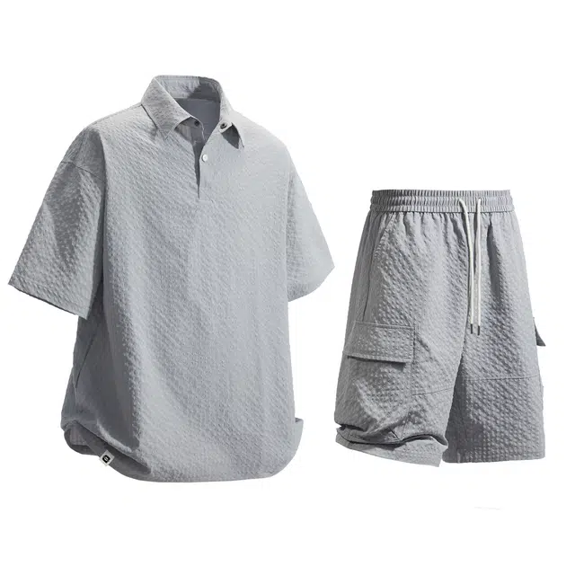 敦煌博物馆 美式学院风泡泡格亲肤肌理感舒适透气宽松套头短袖衬衫篮球跑步五分裤百搭休闲运动套装 男女同款