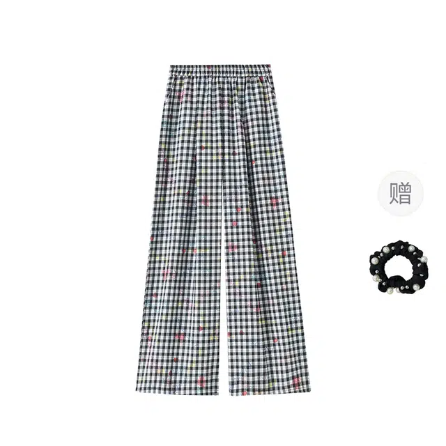 雾闪闪 美式复古涂鸦印花格子高腰宽松显瘦直筒拖地阔腿休闲裤 女款