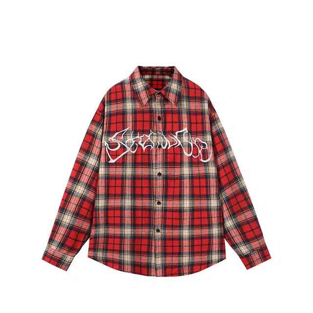 欧路得 酒红色复古格子夏季美式潮流宽松时尚户外百搭长袖衬衫 男款