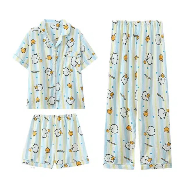 俏霓桐 柔软舒适趣味小熊云朵棉翻领开衫家居服亲肤休闲短袖三件套时尚可外穿睡衣套装 女款