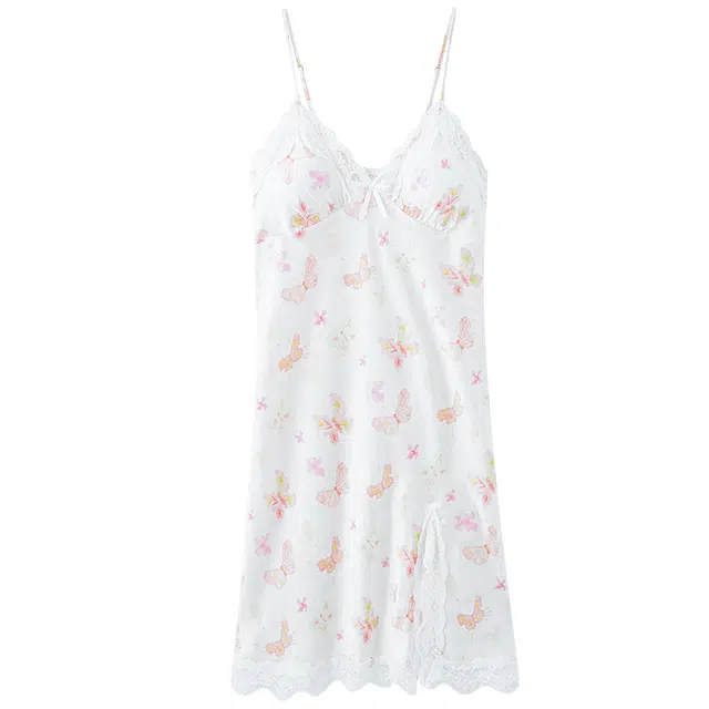 俏佳人 性感带胸垫冰丝无袖吊带纯欲风开衩蕾丝凉感透气亲肤家居服睡裙 女款