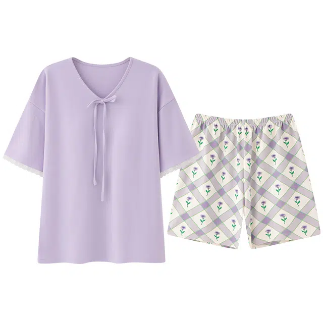 睦隆世家 带胸垫纯棉短袖三分裤可外穿家居服夏季睡衣套装 女款