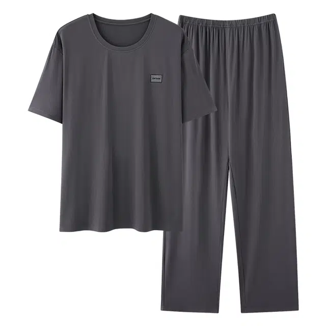 莫代尔 韩版舒适轻盈透气圆领套头时尚气质百搭柔软亲肤细腻短袖长裤家居服可外穿睡衣套装 男款