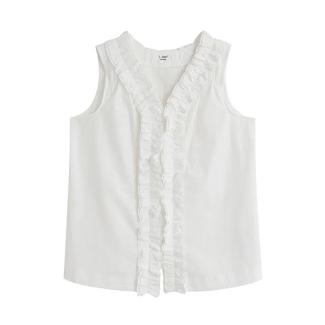 茵曼 荷叶边褶皱宽松无袖时尚简约衬衫 女款