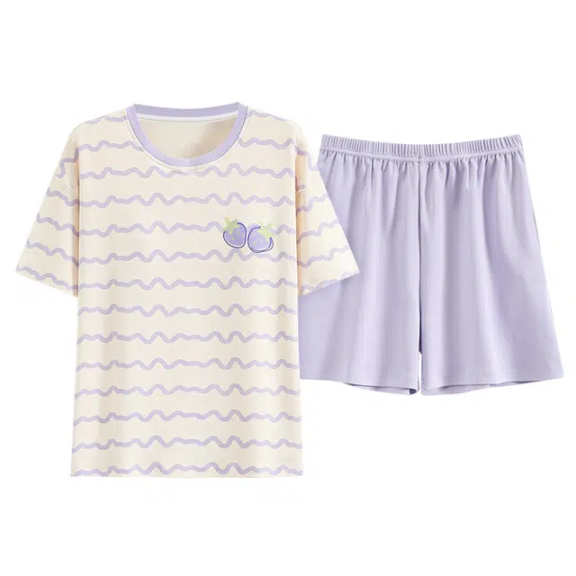 睦隆世家 带胸垫可外穿短袖上衣甜美家居服三分裤夏季睡衣套装 女款