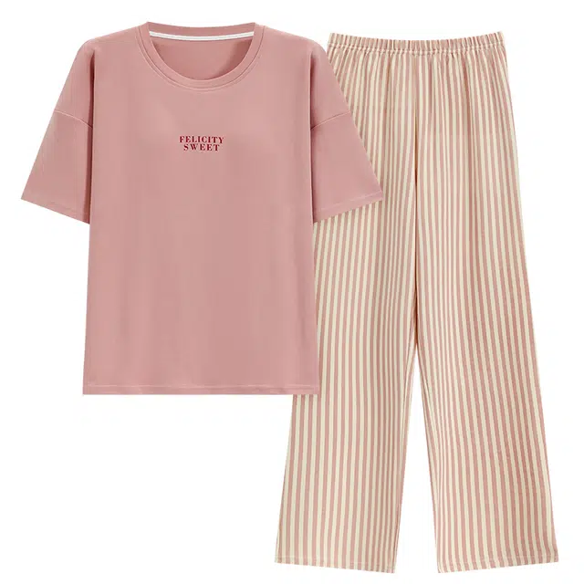 睦隆世家 可外穿家居服带胸垫纯棉短袖长裤条纹睡衣套装 女款