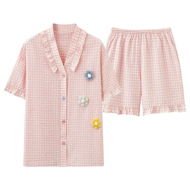 俏佳人 柔软亲肤云朵棉格纹公主风休闲开衫慵懒宽松短袖短裤家居服睡衣套装 女款