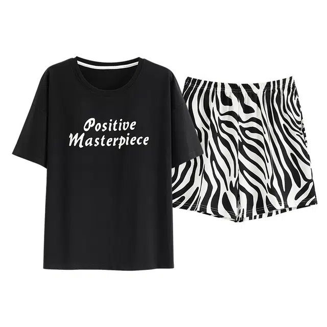 睦隆世家 带胸垫韩版圆领家居服短袖上衣可爱可外穿潮流三分裤睡衣套装 女款