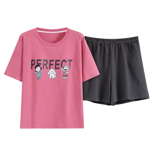 睦隆世家 可外穿潮流卡通宽松可爱带胸垫韩版圆领短袖短裤格子家居服夏季睡衣套装 女款