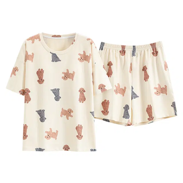 睦隆世家 自带胸垫短袖短裤宽松圆领可爱卡通可外穿睡衣套装 女款