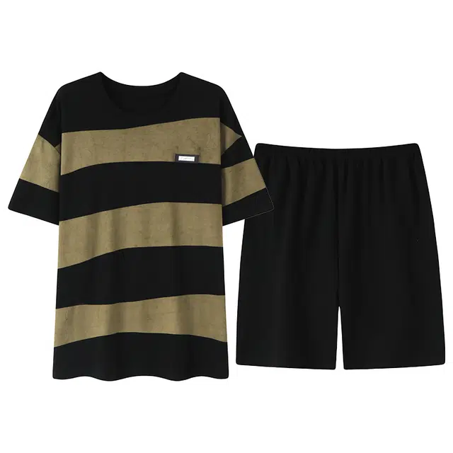 夏芬妍 亲肤舒适撞色条纹纯棉圆领家居服柔软休闲短袖短裤时尚可外穿睡衣套装 男款 黑色