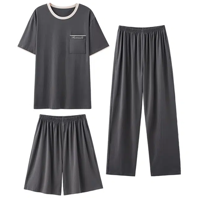 莫代尔 简约舒适休闲时尚圆领套头气质百搭柔软亲肤细腻宽松短袖短裤长裤三件套可外穿居家服睡衣套装 男款