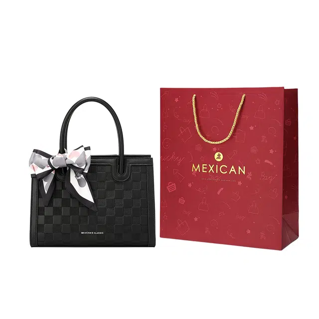 稻草人 大容量棋盘格纹压印 聚氨酯革 手提包 常规 女款 黑色/深红/象牙白