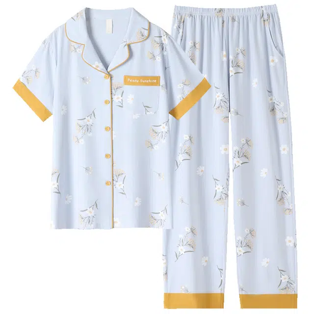 睦隆世家 凉感开衫短袖上衣家居服长裤夏季睡衣套装 女款