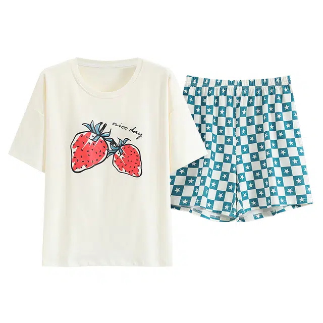 睦隆世家 自带带胸垫短袖短裤圆领可爱卡通可外穿睡衣套装 女款