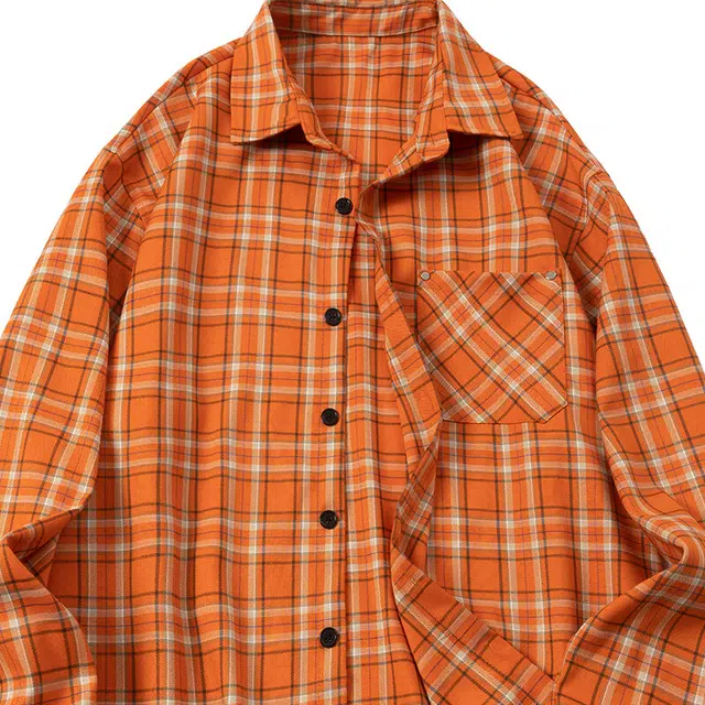欧路得 美式橙色格纹长袖男女夏季宽松多巴胺情侣衬衣百搭休闲外套衬衫 男款