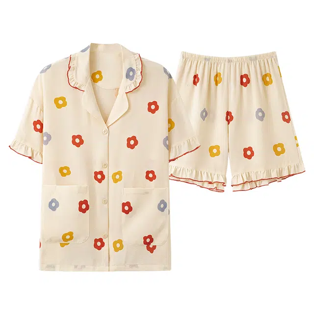 俏佳人 柔软亲肤翻领休闲开衫慵懒宽松短袖三分裤家居服睡衣套装 女款