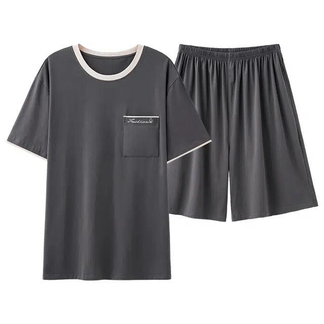 莫代尔 舒适休闲个性大方圆领套头轻盈透气柔软细腻耐磨耐穿短袖短裤两件套家居服可外穿睡衣套装 男款