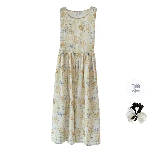 涂诗菲 韩系纯欲温柔气质碎花绑带收腰度假风圆领背心式无袖连衣裙 女款