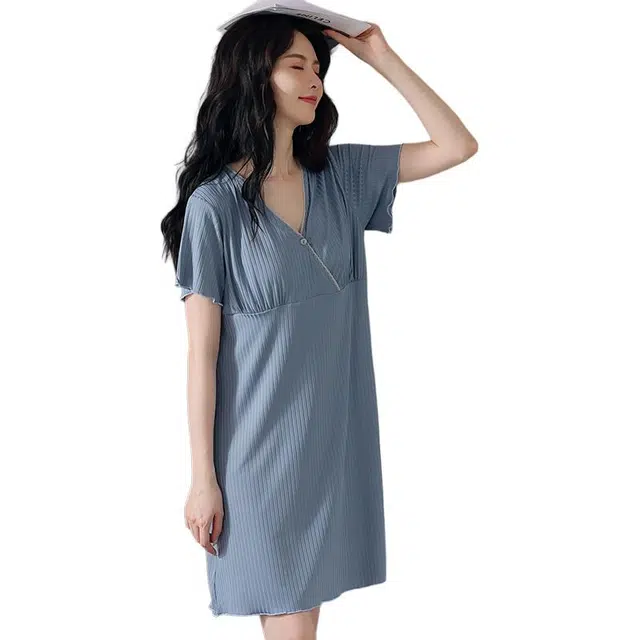 北极绒 产后哺乳短袖大码圆领夏季睡裙 女款