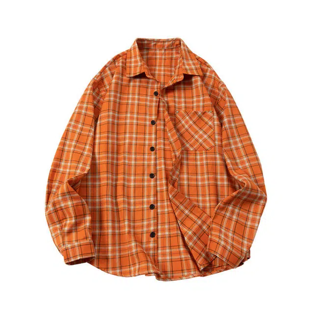 欧路得 美式橙色格纹长袖男女夏季宽松多巴胺情侣衬衣百搭休闲外套衬衫 男款