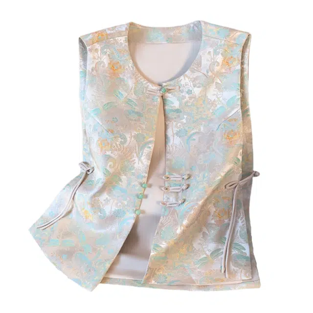 桴生 新中式国风缎面提花刺绣复古盘扣民族风女士开衫外套马甲 女款