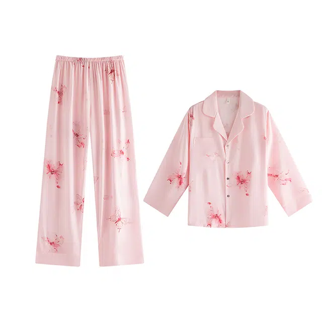 缪斯的诱惑 缎面开衫柔软顺滑性感雪纺凉感冰丝防蚊清新凉爽休闲大码可穿弹力显瘦百搭长袖长裤睡衣套装 女款