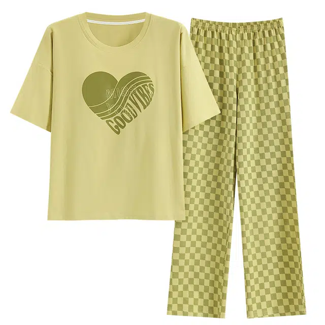 睦隆世家 带胸垫可外穿家居服短袖长裤格子睡衣套装 女款