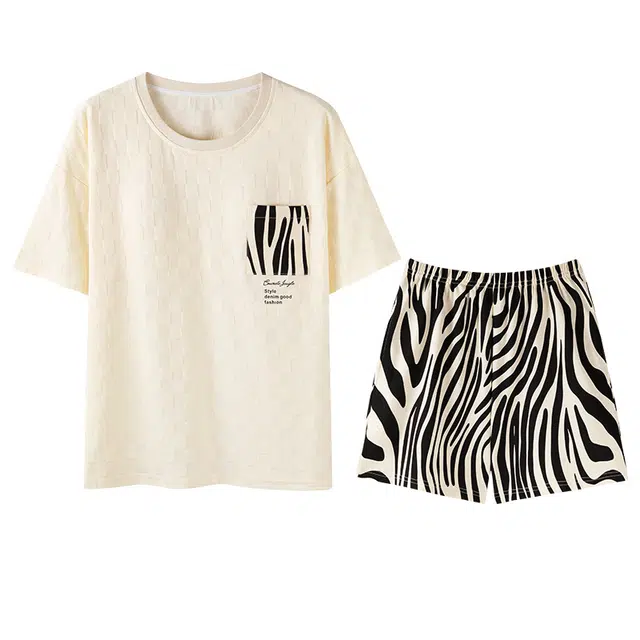 向薇 简约休闲短袖上衣可外穿家居服三分裤睡衣套装 女款