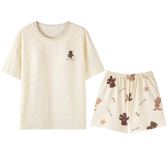 向薇 短袖短裤圆领套头纯棉简约可外穿家居服休闲夏季睡衣套装 女款