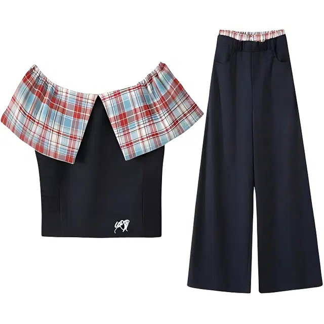 小菊川栗 学院风时尚潮流甜辣穿搭纯欲风辣妹韩系洋气修身显瘦上衣阔腿裤休闲套装 女款