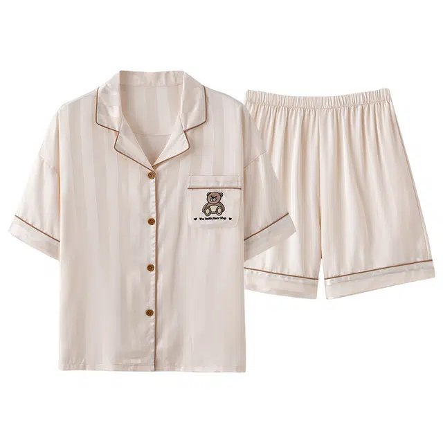 俏佳人 开衫翻领小熊短袖凉感透气亲肤三分裤家居服睡衣套装 女款