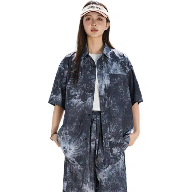 欧迪芬 港风扎染渐变潮流休闲宽松痞帅上衣短袖衬衫 女款