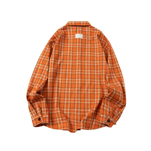 欧路得 美式橙色格纹长袖男女夏季宽松多巴胺情侣衬衣百搭休闲外套衬衫 男款