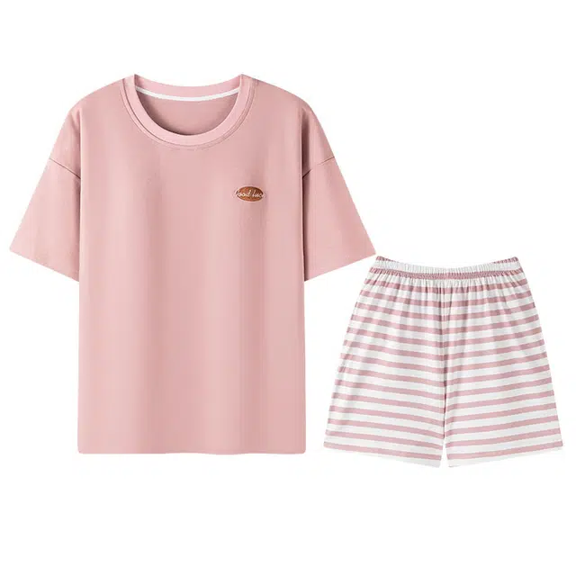 向薇 透气可外穿短袖舒适家居服简约条纹睡衣套装 女款