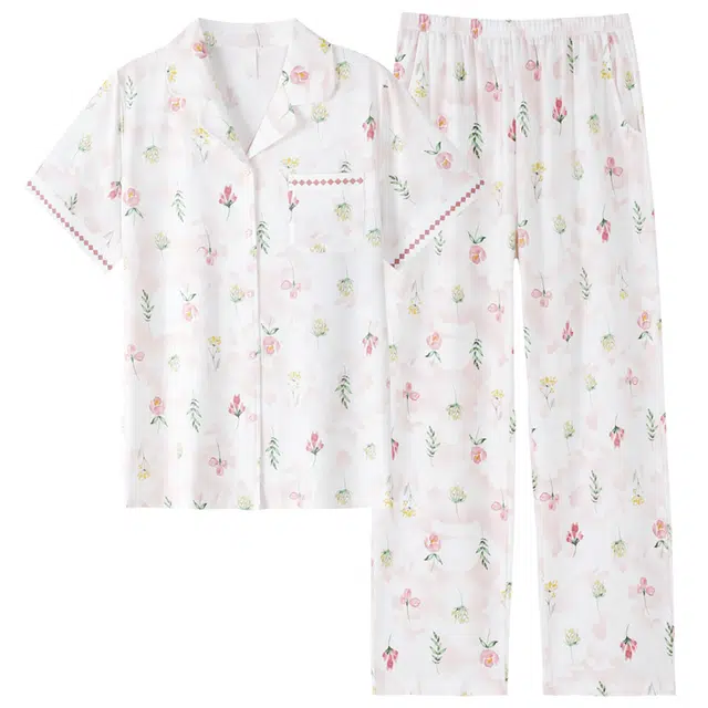 睦隆世家 开衫凉感短袖上衣家居服长裤夏季睡衣套装 女款