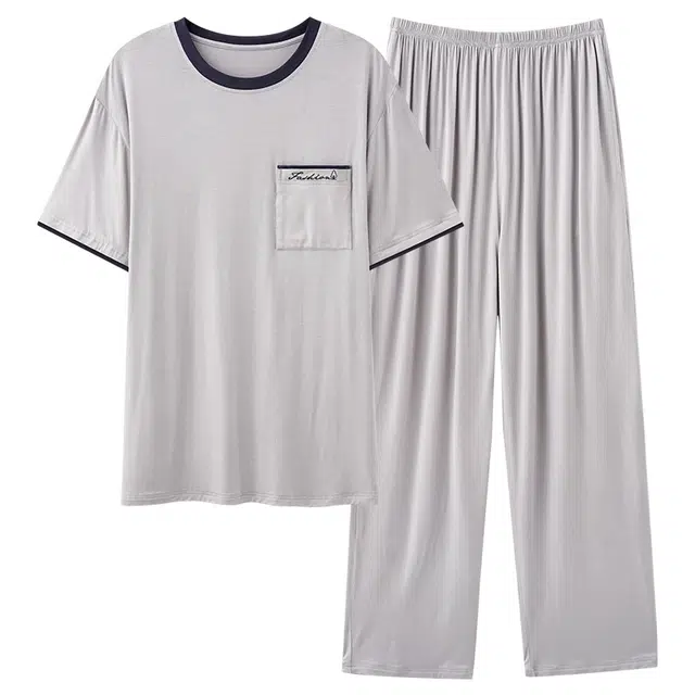 莫代尔 柔软亲肤细腻个性圆领套头休闲简约时尚耐磨耐穿不易掉色短袖长裤家居服可外穿睡衣套装 男款