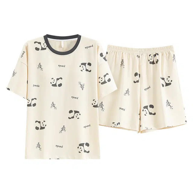 睦隆世家 韩范少女全棉带胸垫爱风纯棉薄款短袖短裤睡衣套装 女款