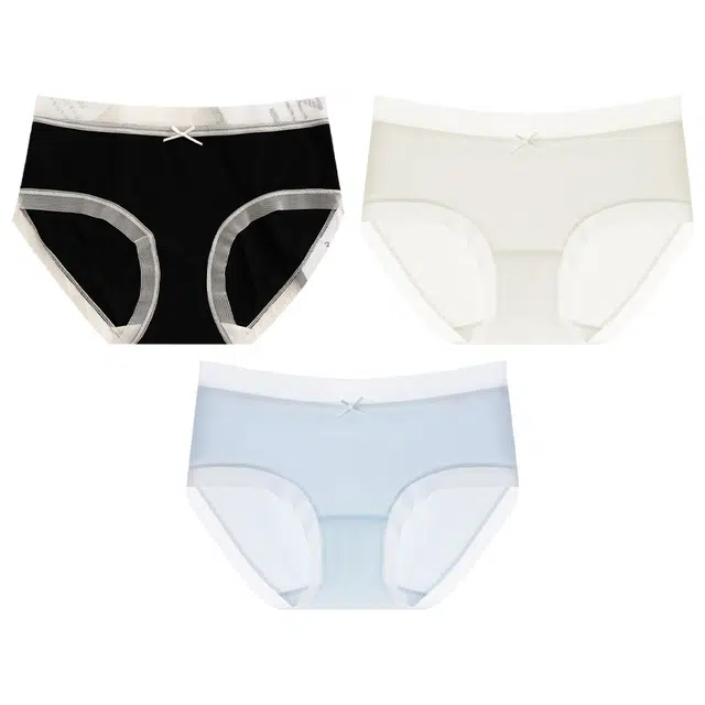 二三二三 冰丝凉感轻薄透气柔软舒适不卡档不夹臀抑菌三角裤弹力收腹亲肤撞色清新蝴蝶结可爱少女内裤 女款 组合装