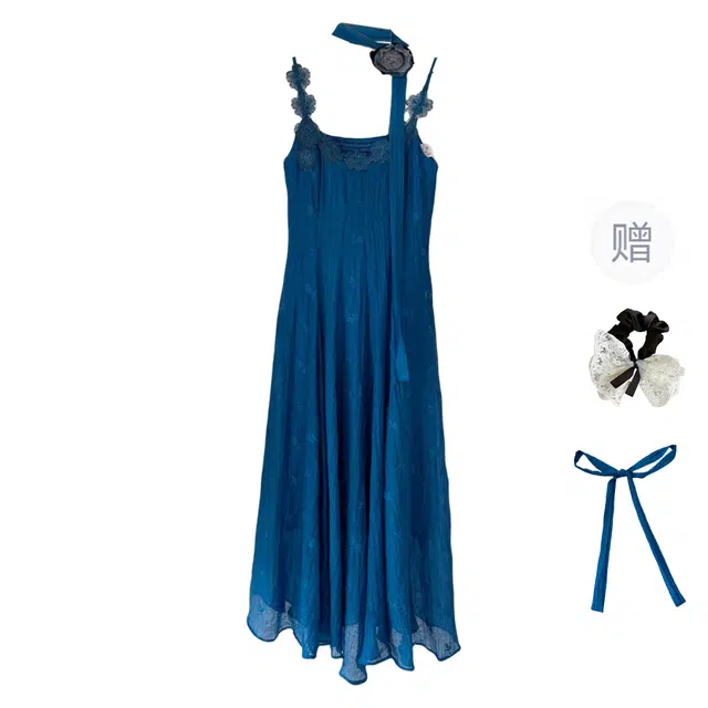 涂诗菲 法式度假风小众设计感刺绣花朵边领口设计感宽松显瘦露背绝美吊带连衣裙 女款