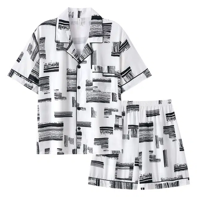 好福份 时尚简约风清新短袖翻领睡衣套装 男款