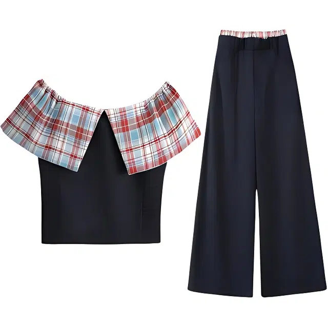 小菊川栗 学院风时尚潮流甜辣穿搭纯欲风辣妹韩系洋气修身显瘦上衣阔腿裤休闲套装 女款