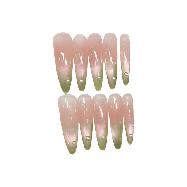 计轩 芭乐猫眼简约绿色温柔腮红纯手工  穿戴甲 长款裸渐变 纯欲