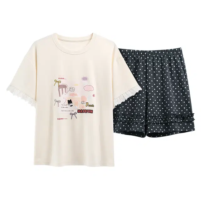 睦隆世家 家居服纯棉短袖三分裤卡通加大码睡衣套装 女款