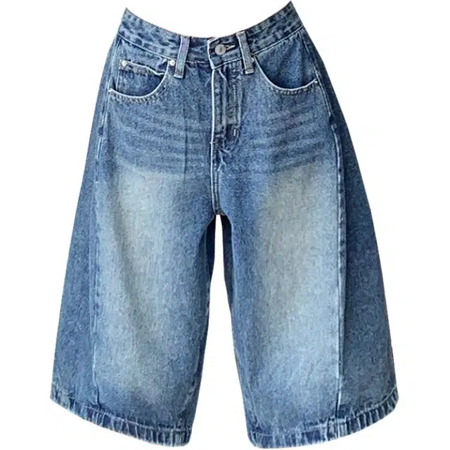 拾籍 美式高街休闲百搭五分裤中裤夏季松弛感高腰显瘦阔腿裤牛仔短裤 女款