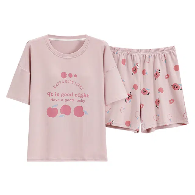 睦隆世家 家居服可外穿胸垫一体纯棉短袖三分裤夏季睡衣套装 女款