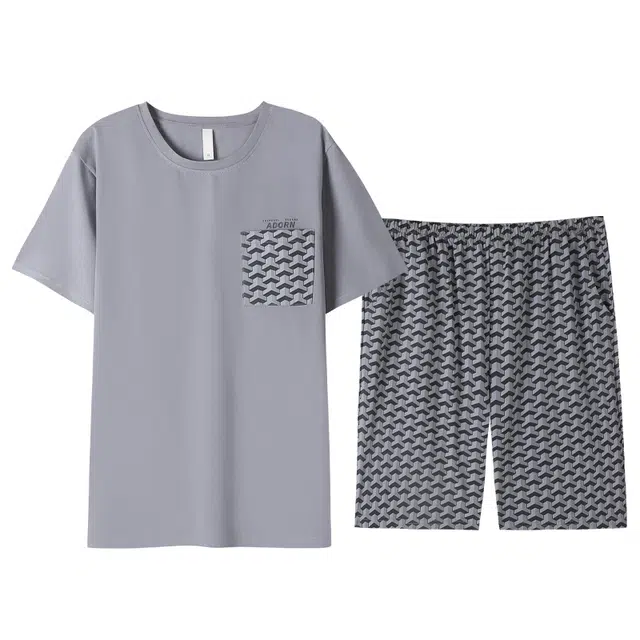 睦隆世家 凉感棉绸圆领短袖短裤薄款家居服睡衣套装 男款