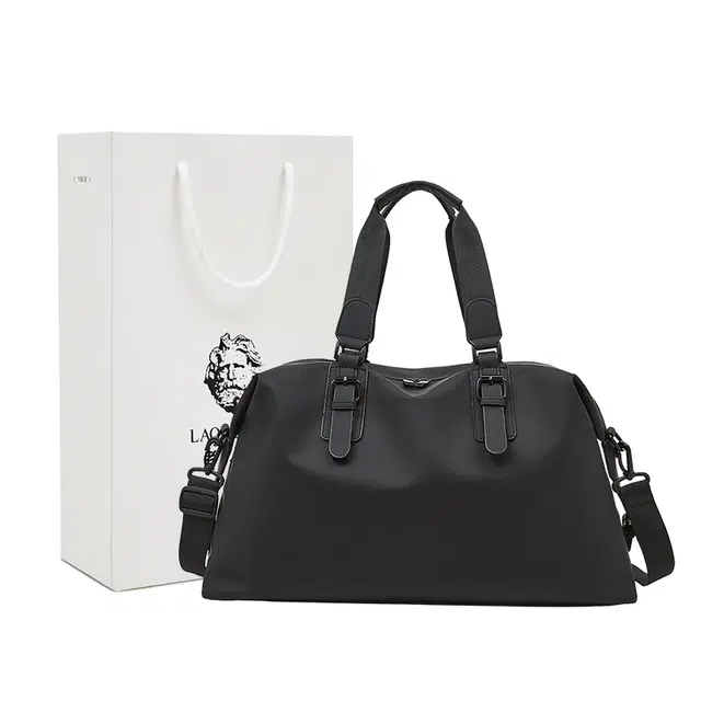 老人头 时尚出差短途轻便出行简约行李包 合成革 手提斜挎旅行包 男款 黑色/灰色