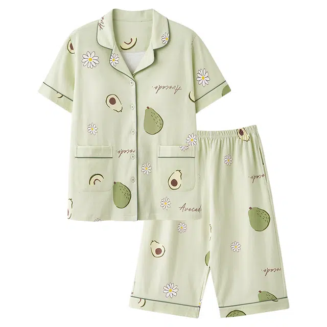 俏韵 随行系列 甜美牛油果印花短袖七分裤翻领带胸垫家居服可外穿睡衣套装 女款