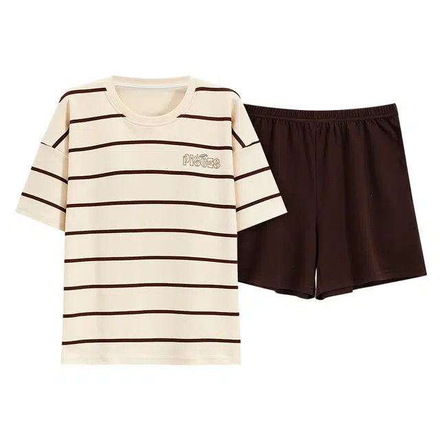 睦隆世家 薄款家居服可外穿带胸垫一体短袖短裤夏季睡衣套装 女款